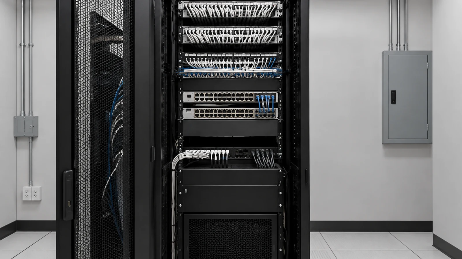 Open network rack with organized patch panels, switches and overhead cable trays in a dedicated technical room.
