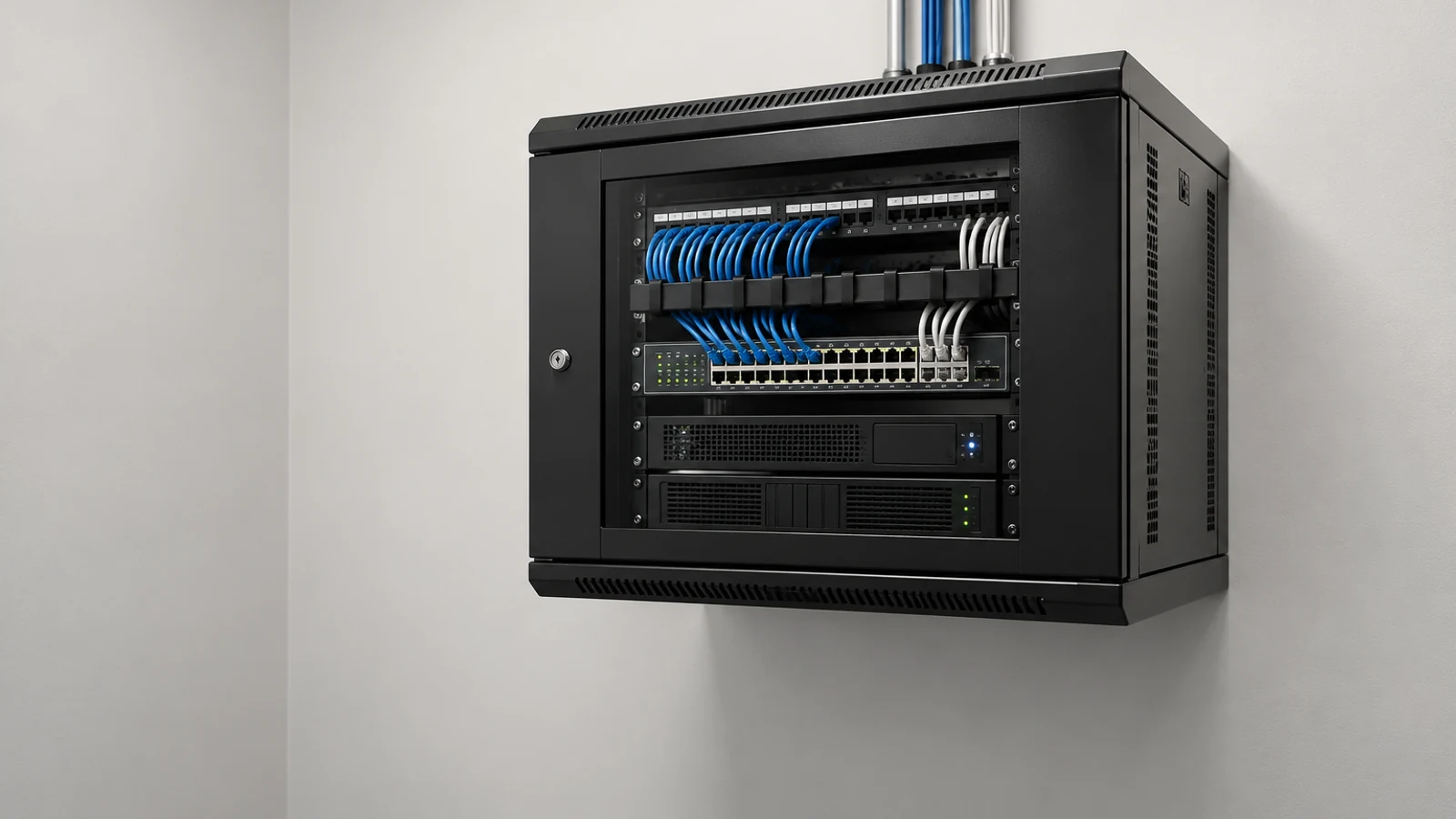 Wall-mounted network cabinet with organized blue and white patch cords, a patch panel and network equipment.