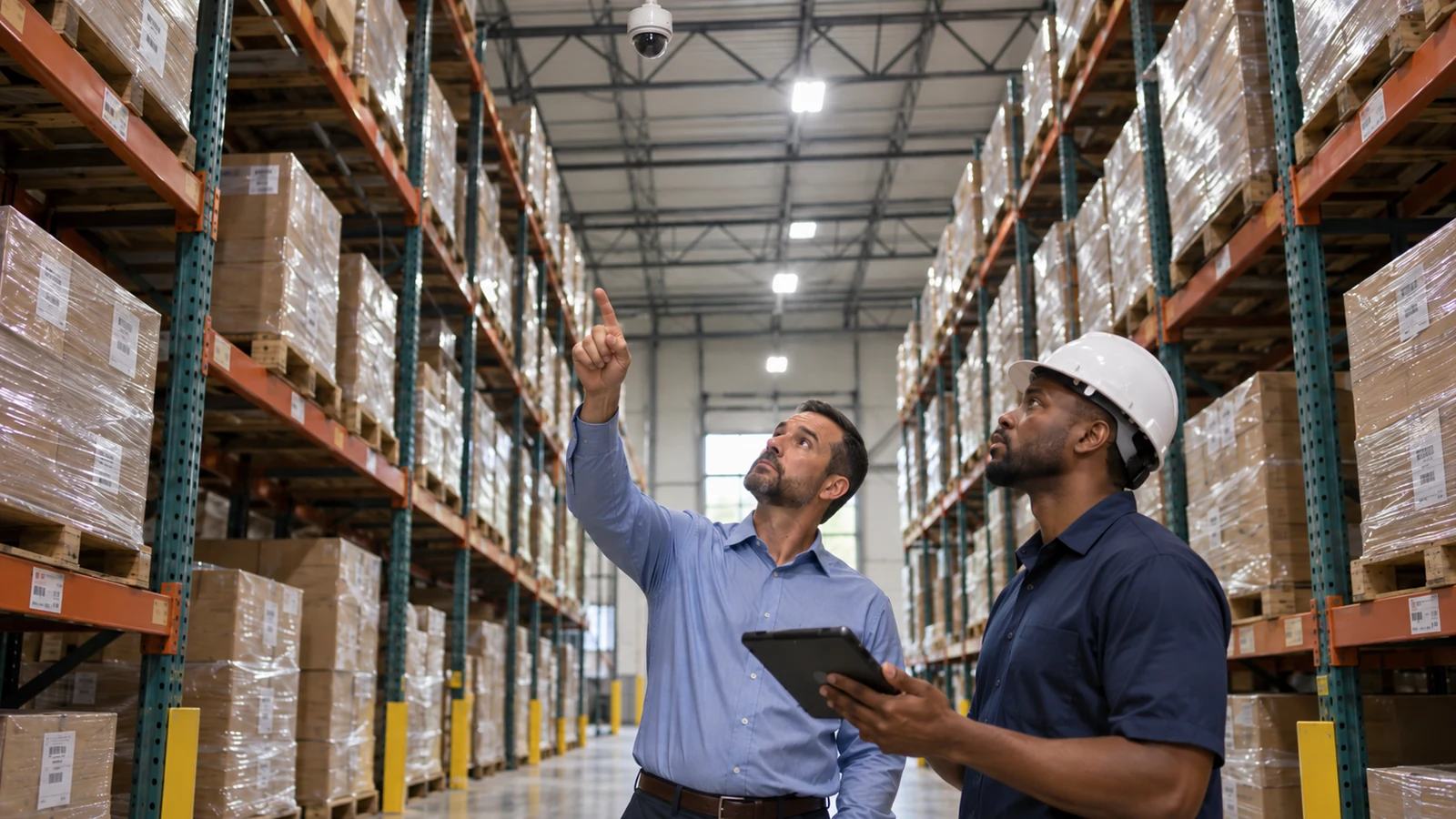 Warehouse supervisor and technician reviewing overhead dome camera coverage in a storage aisle.