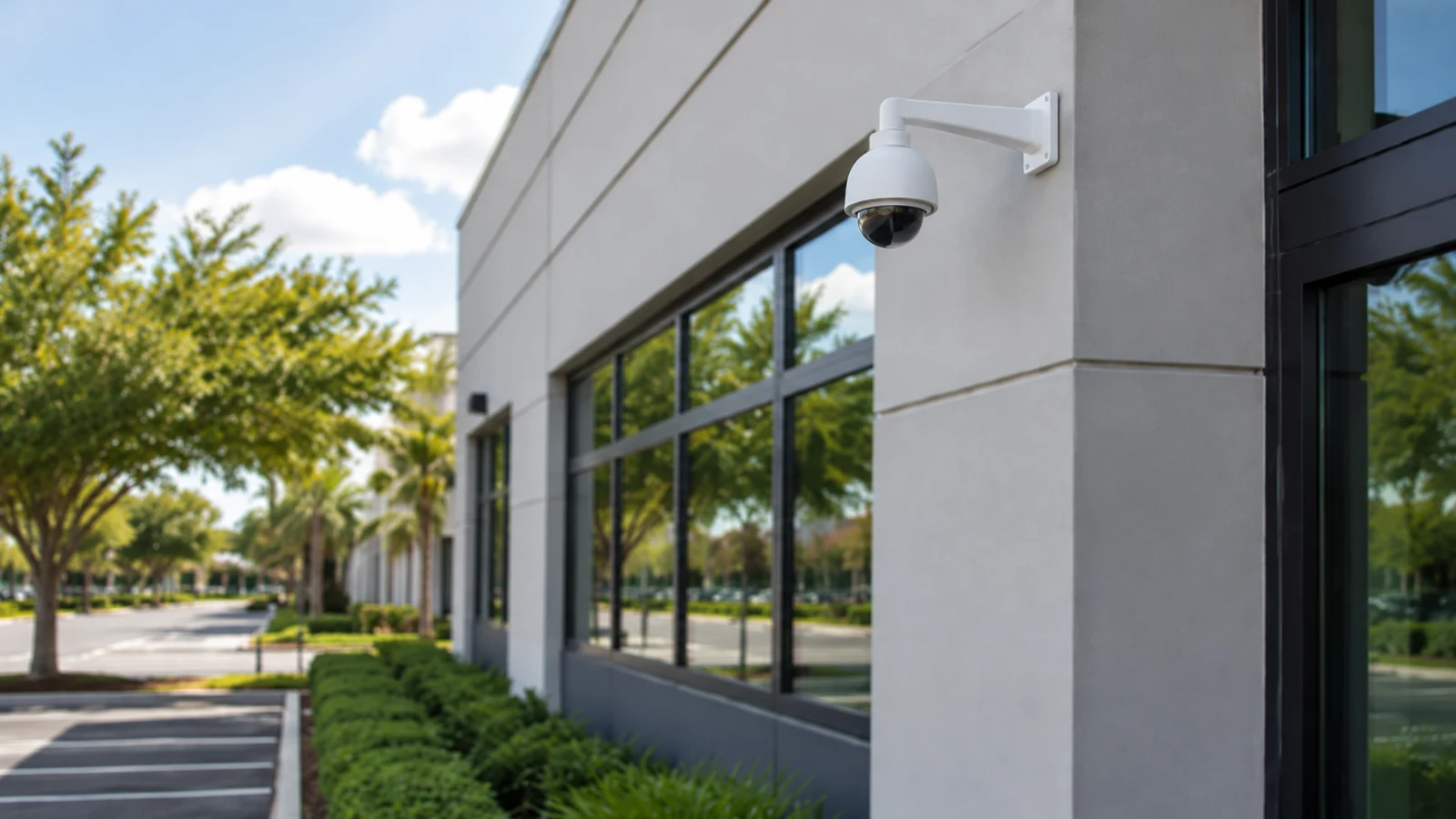 Wall-mounted PTZ dome security camera on the exterior of a modern commercial building.