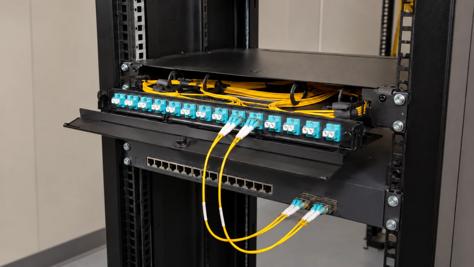 Rack-mounted fiber distribution panel with LC adapters, managed yellow fiber, and connected uplinks.