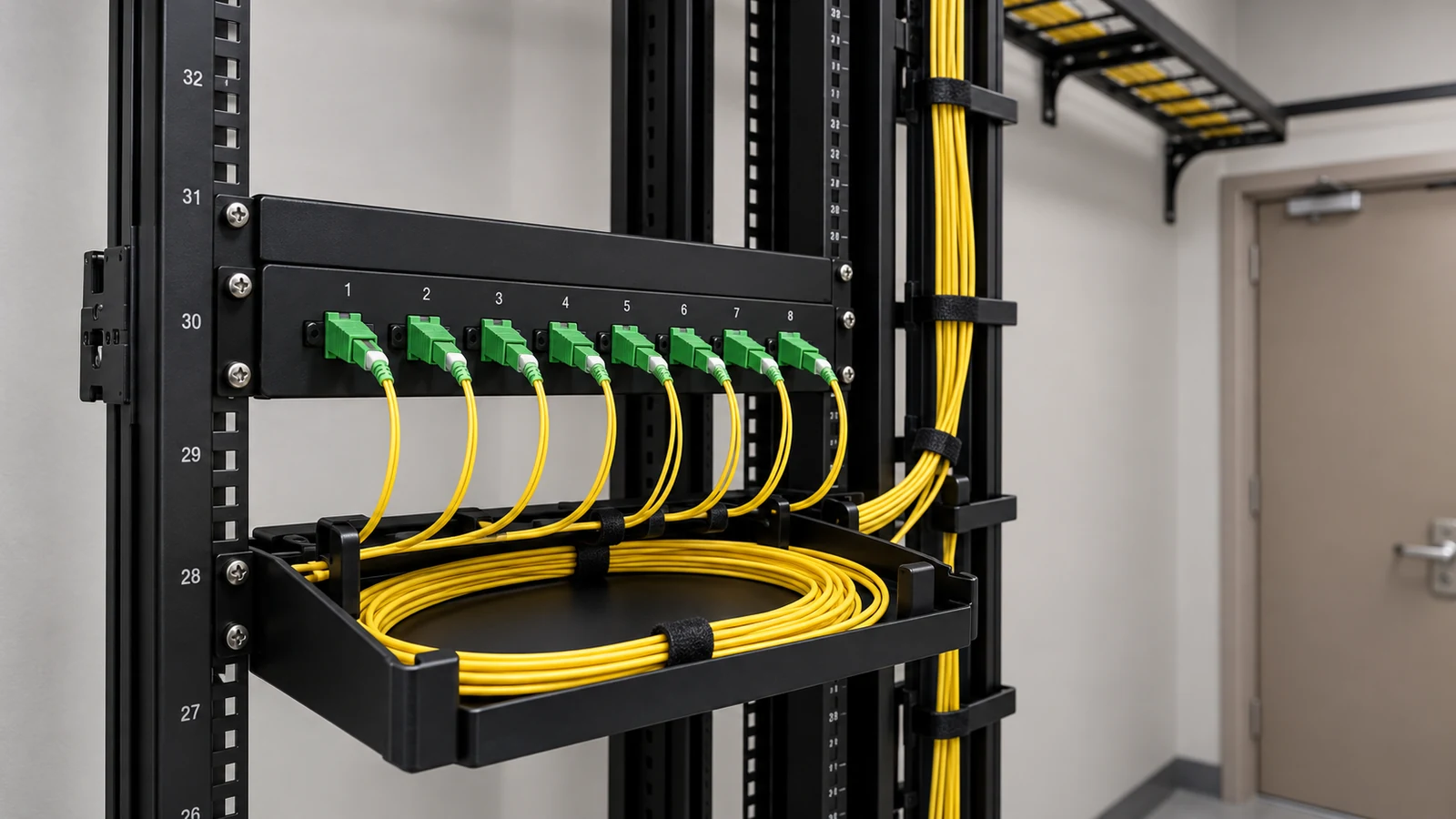 Rack-mounted fiber patch panel with green adapters and organized yellow fiber cable slack.