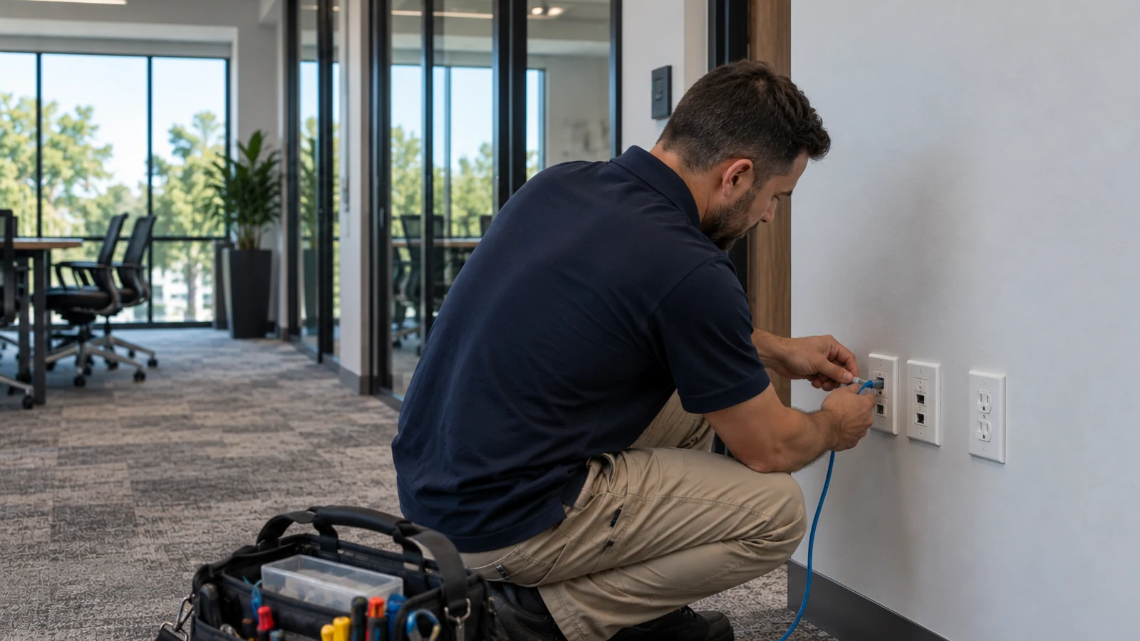 Technician connecting and testing a blue network cable at a commercial office wall jack.