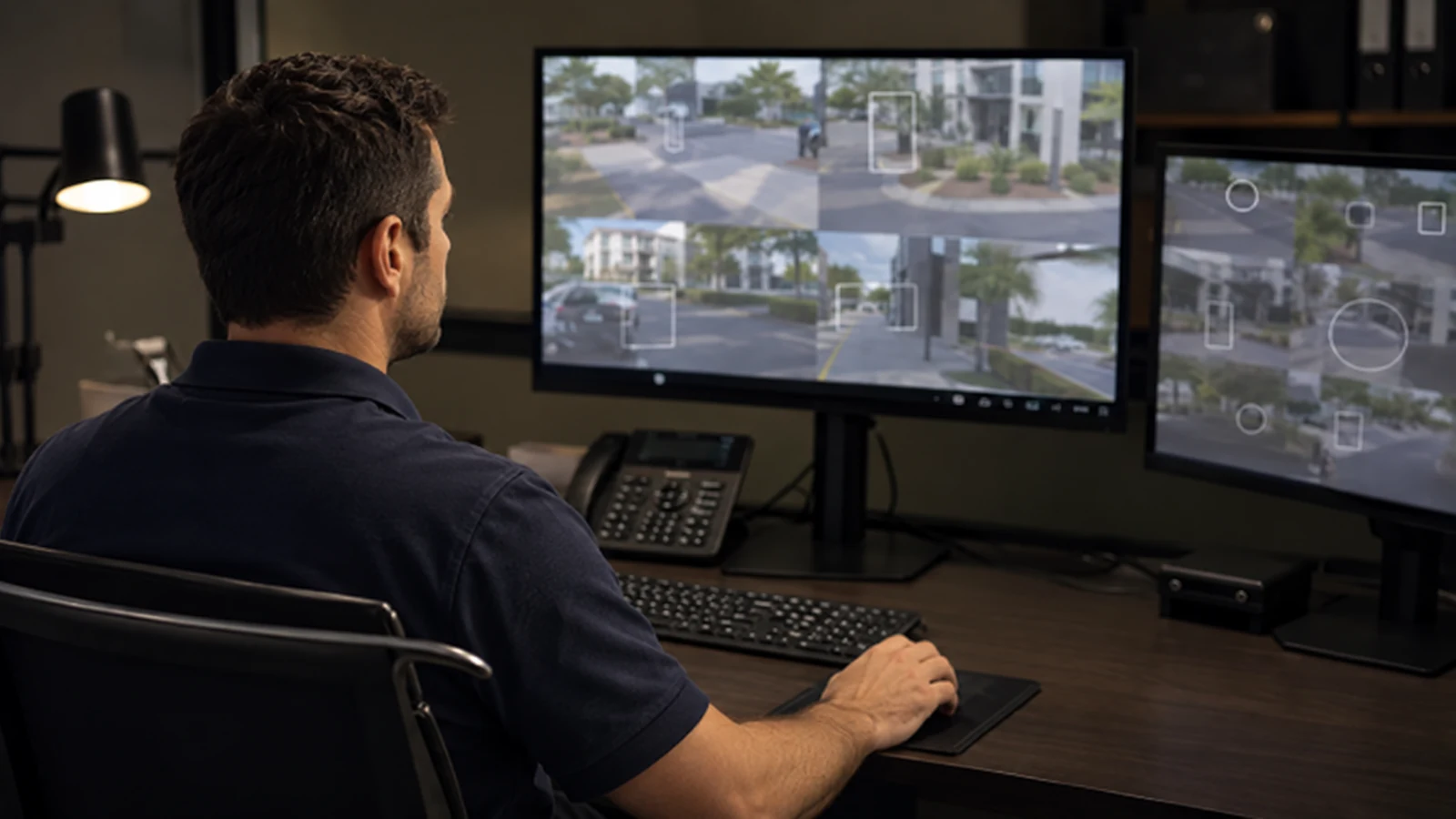 Security operator viewing live camera feeds and site maps across dual monitors at a CCTV workstation.