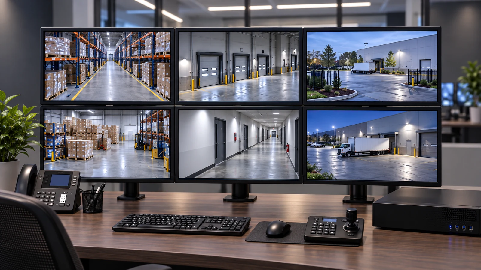 CCTV monitoring workstation with six displays showing warehouse aisles, loading docks, corridors, and exterior gates.