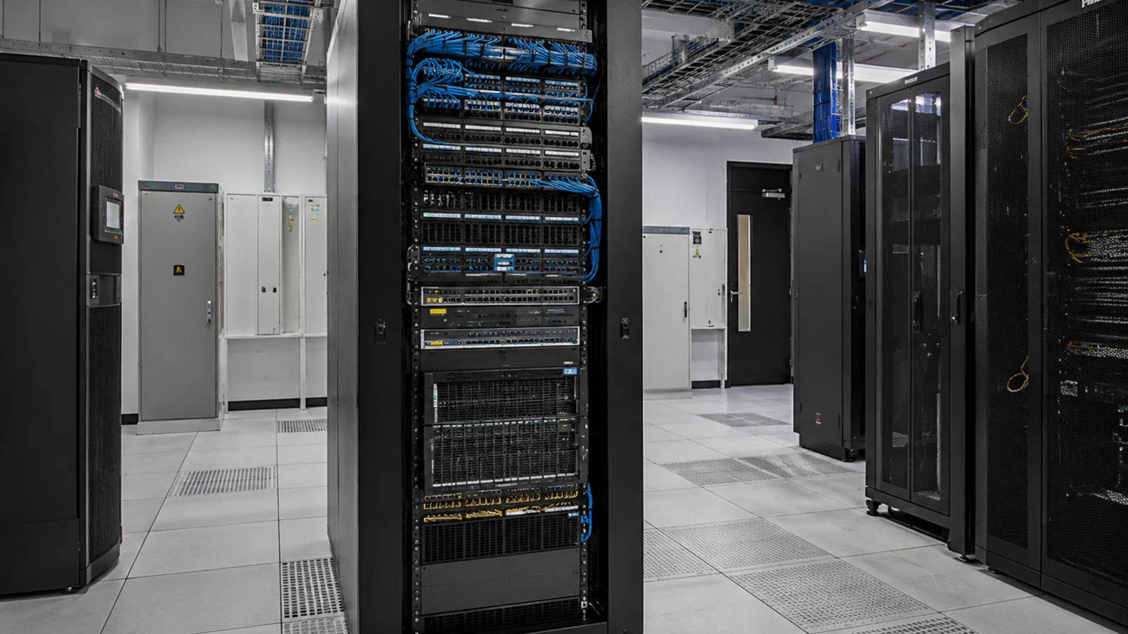 Network rack with organized patch panels and cabling in a commercial data center.