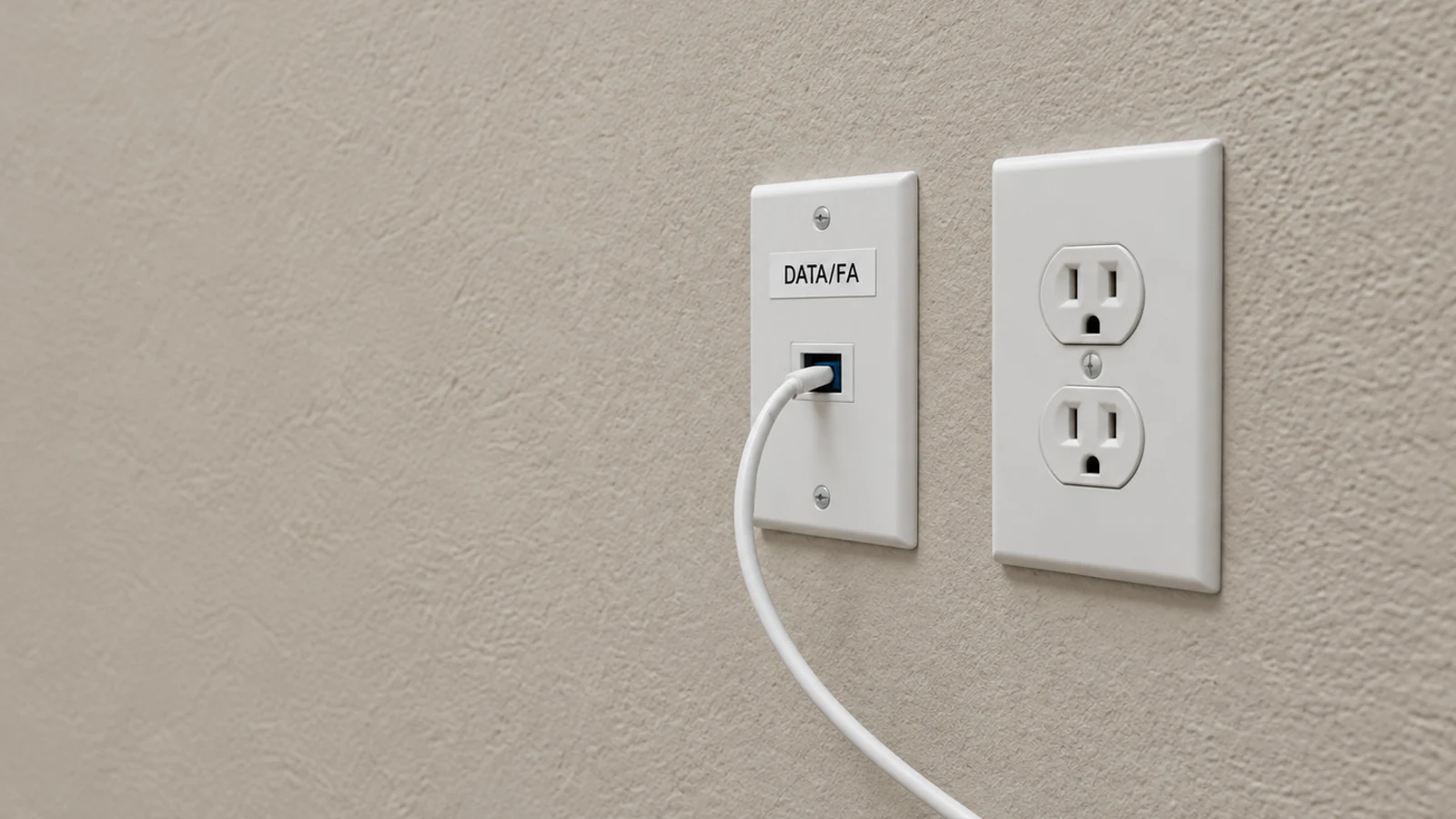 Labeled data wall outlet with a connected Ethernet cable beside a duplex power receptacle.