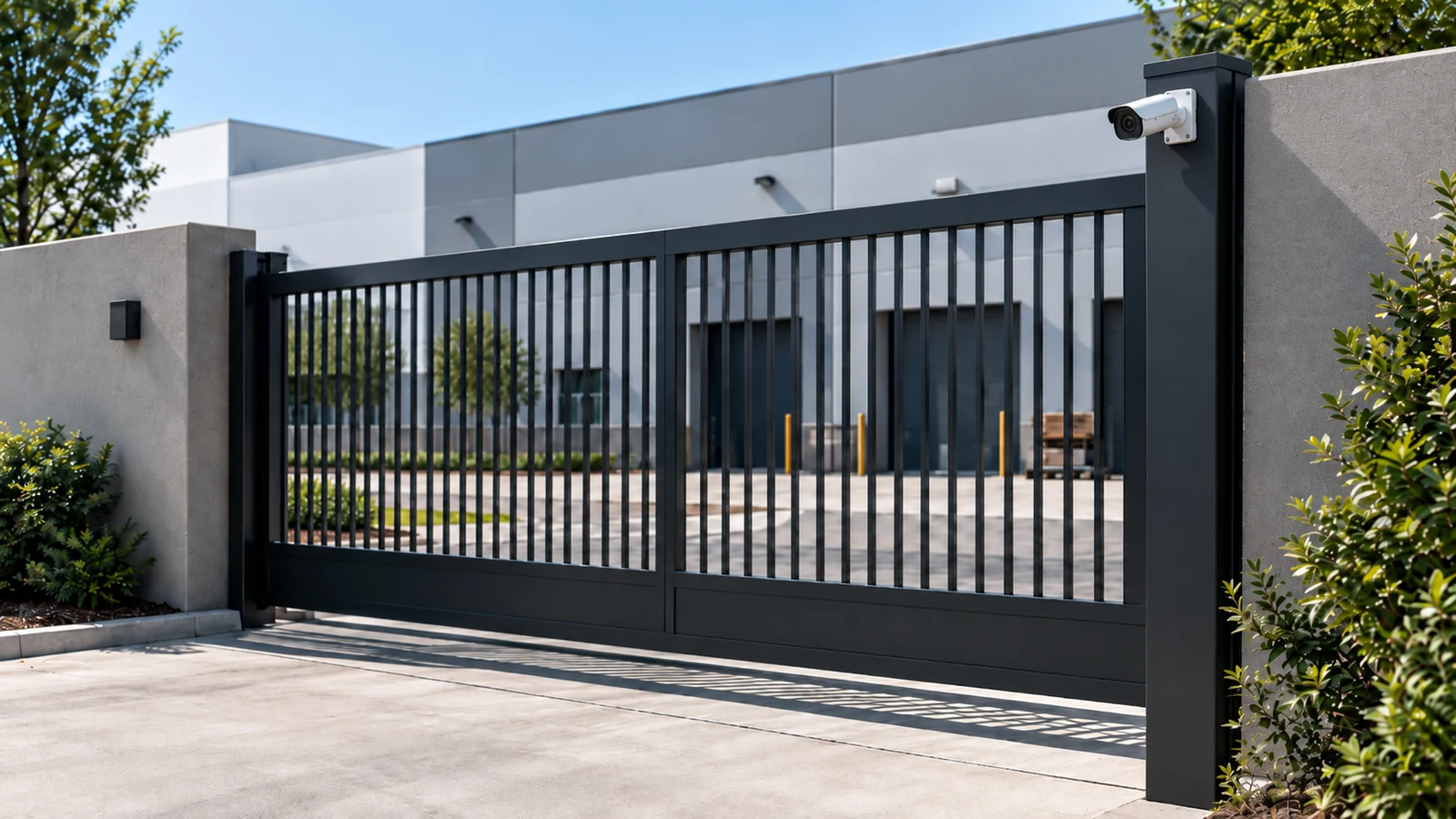 Bullet security camera and floodlight mounted beside a motorized commercial sliding gate.