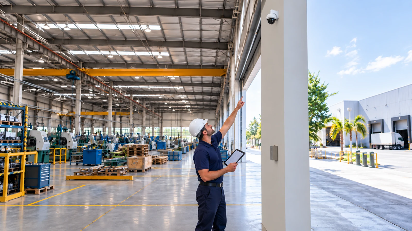 Data Pro technician inspecting a wall-mounted dome camera at an industrial warehouse entrance.