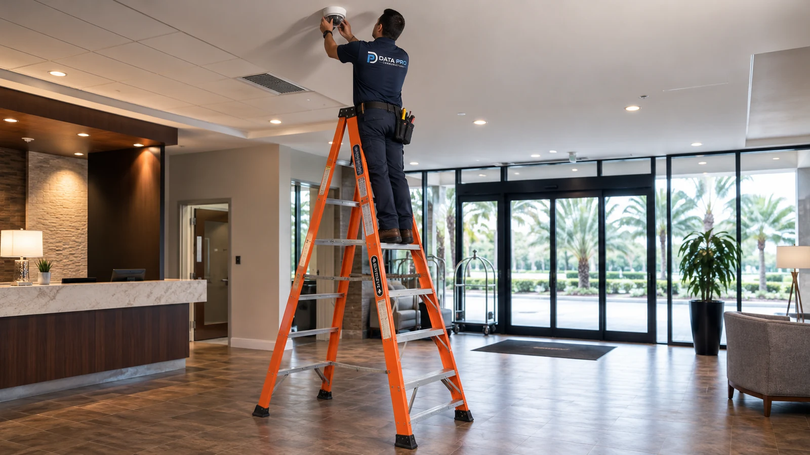 Data Pro technician safely installing a ceiling device from a secured platform ladder in a commercial lobby.
