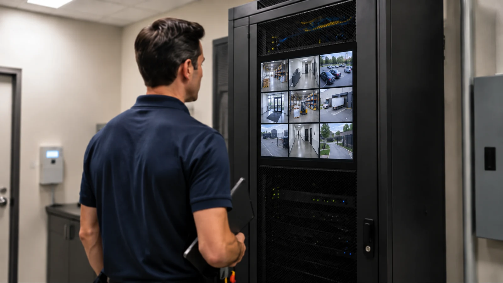 Data Pro technician reviewing live CCTV feeds and recorder status in a security equipment room.