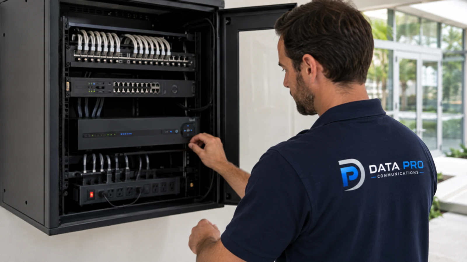 Data Pro technician servicing a wall-mounted commercial network rack with organized cabling.