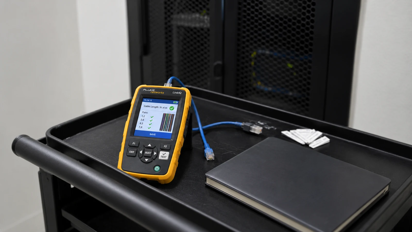 Portable network cable tester connected to an Ethernet patch cord beside a commercial network rack.