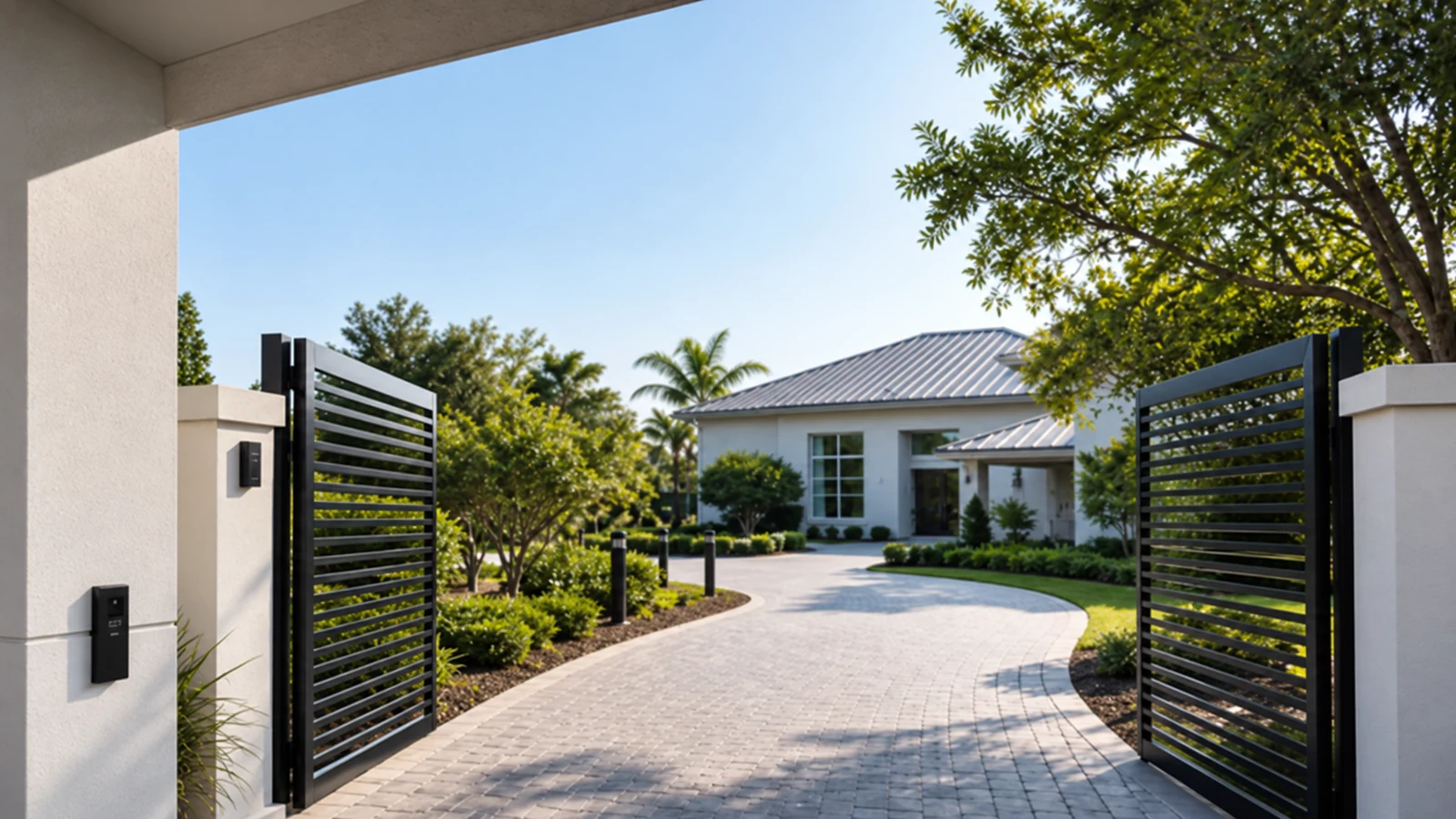 Gated residential property with a motorized driveway gate, intercom pedestal, and planned camera coverage.