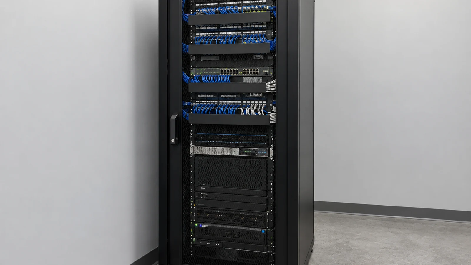 Floor-standing network rack with organized blue patch cords and equipment in a dedicated technical room.