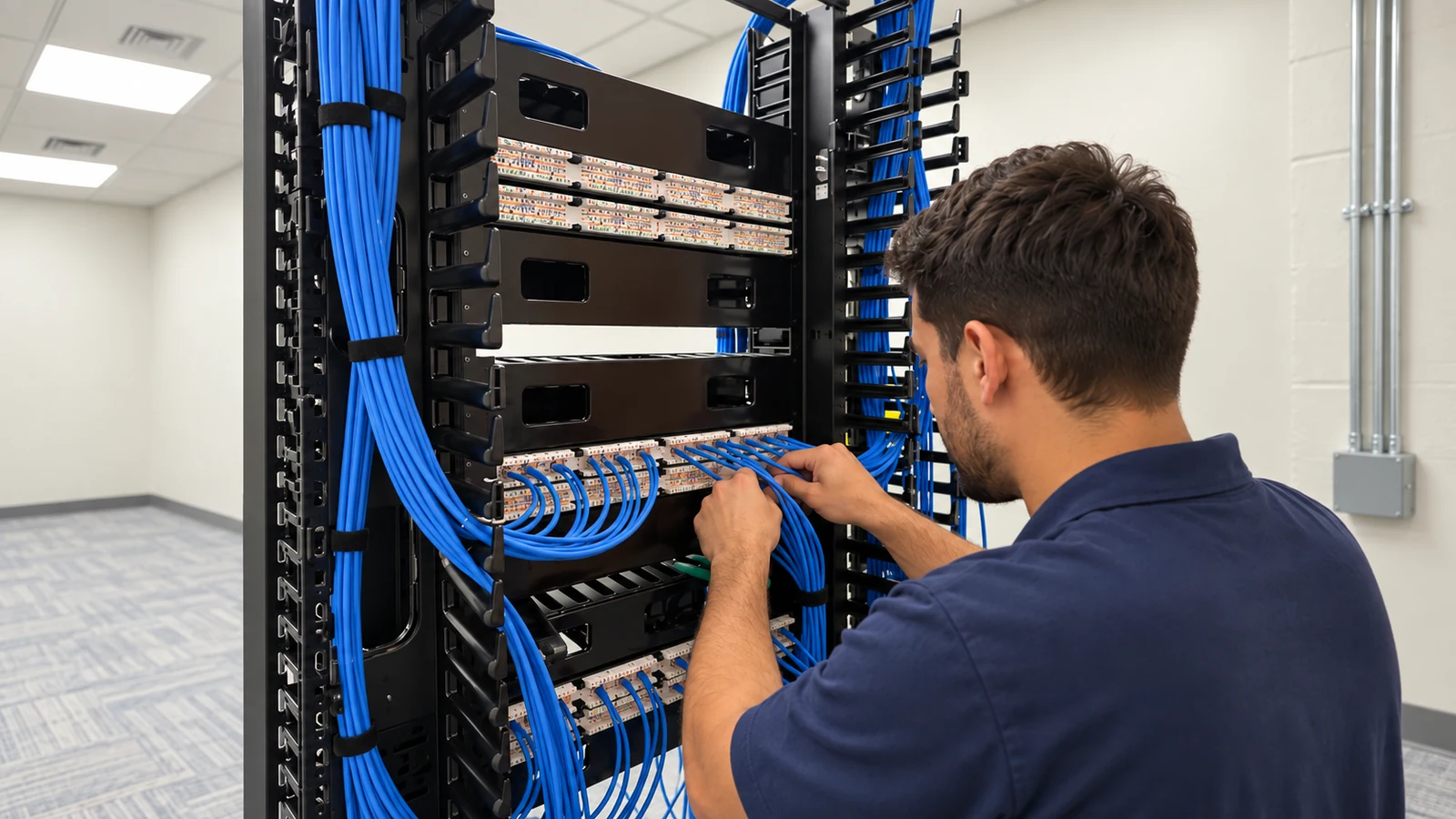 Commercial technician connecting organized blue Ethernet cables to labeled patch panels in a dedicated network room.
