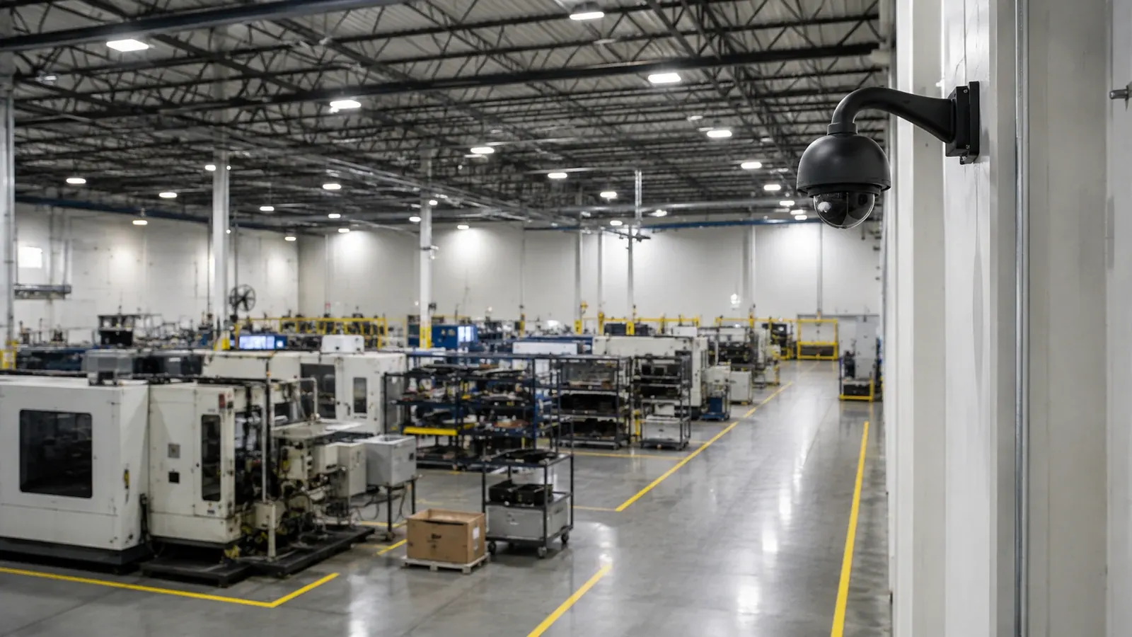 Industrial manufacturing floor with professional surveillance coverage