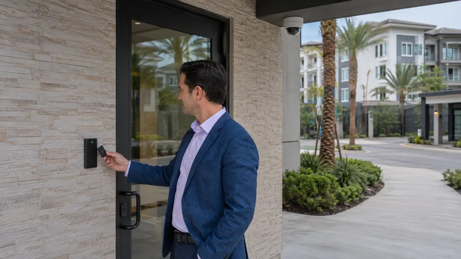 Person presenting an access credential to a wall-mounted reader beside a glass entrance door.