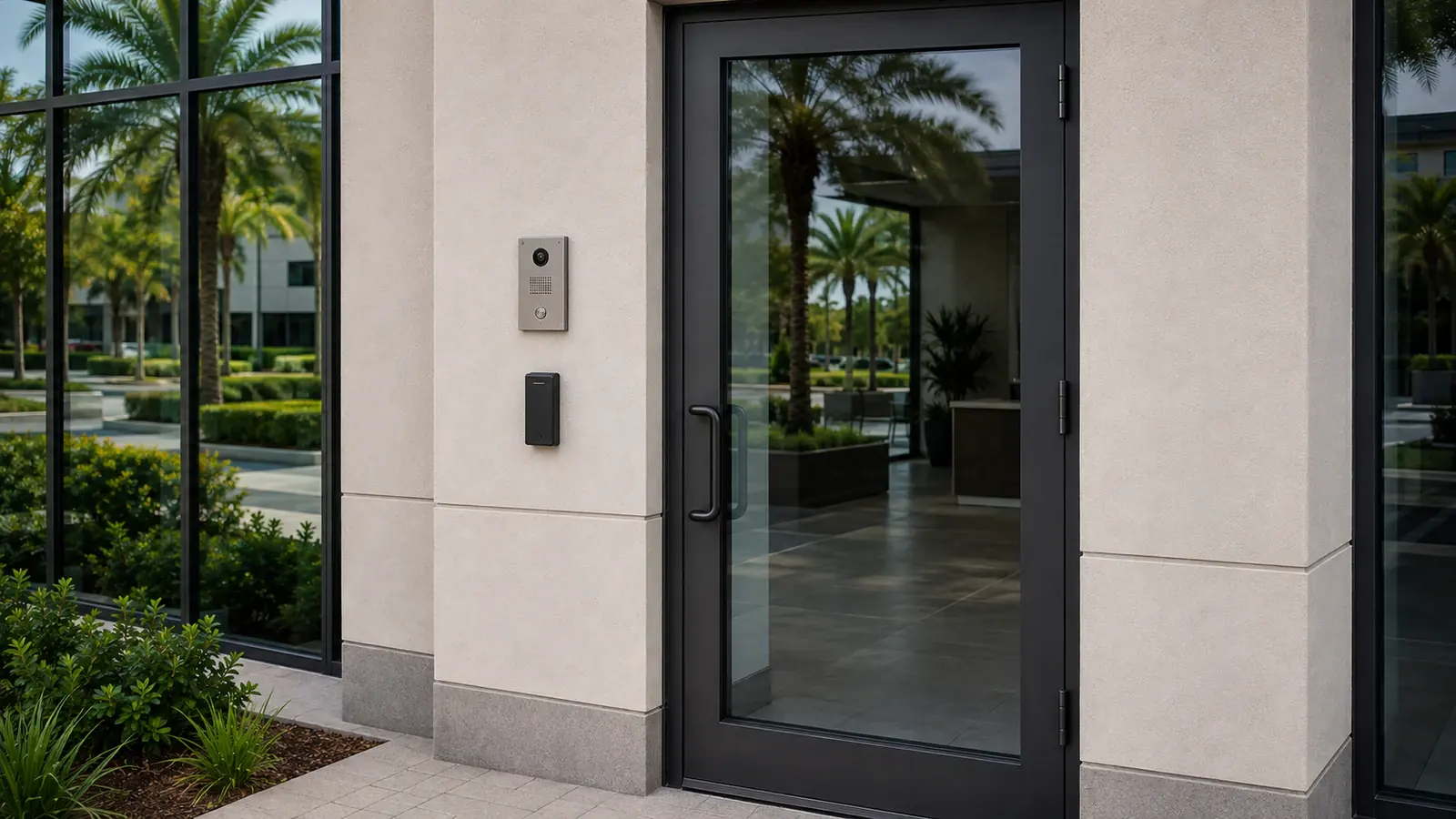 Credential reader and video intercom fixed to the wall beside a commercial glass entrance door.