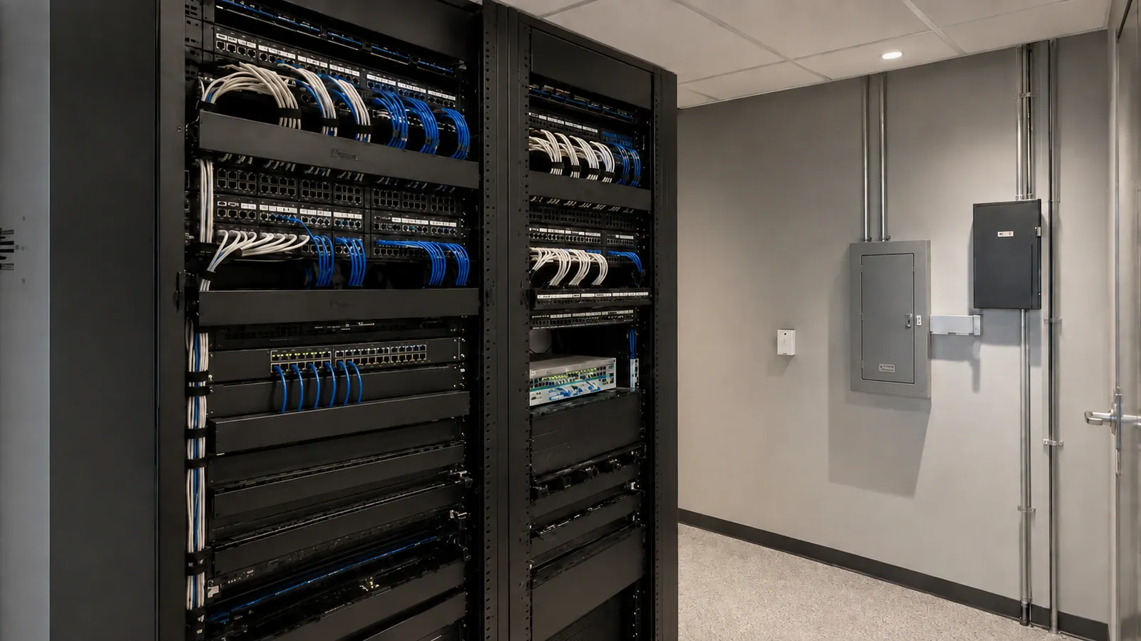 Commercial network racks with organized patching and a clearly mounted Ethernet switch in a finished equipment room.