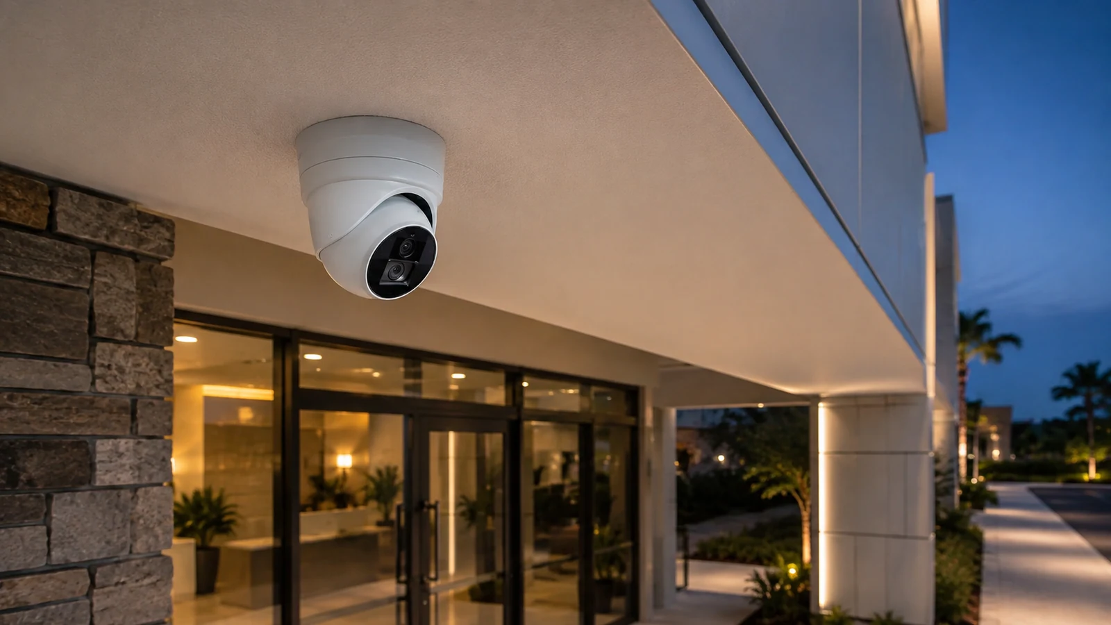 Close view of a professional turret camera installed beneath a commercial soffit
