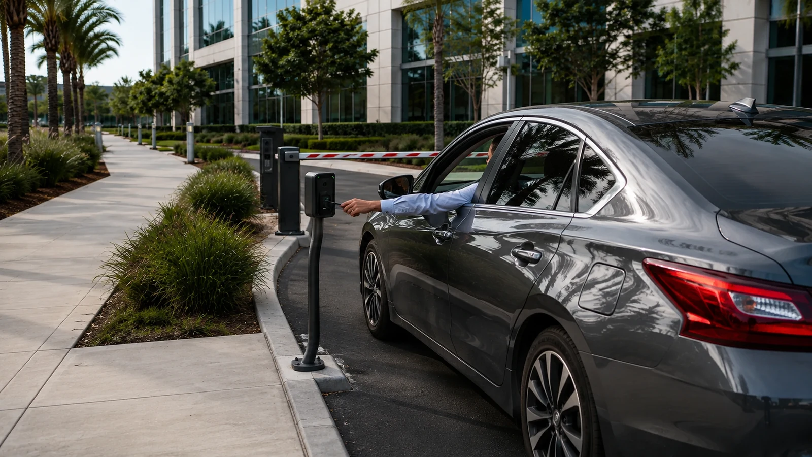 Driver using a reachable curbside access intercom from the vehicle lane