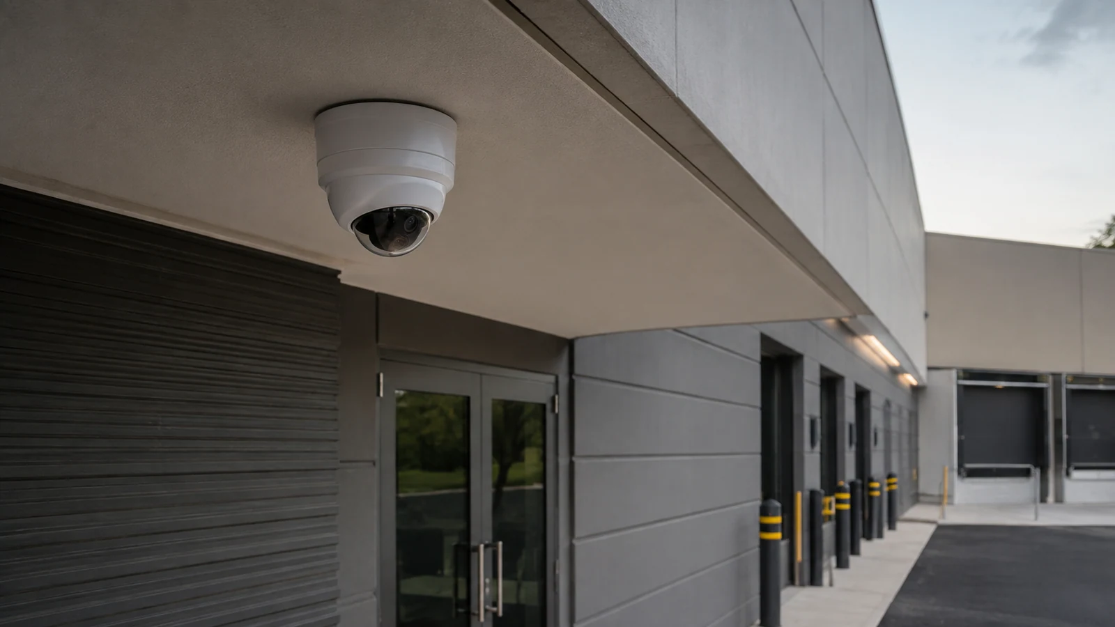 Professional dome camera mounted beneath a finished commercial exterior