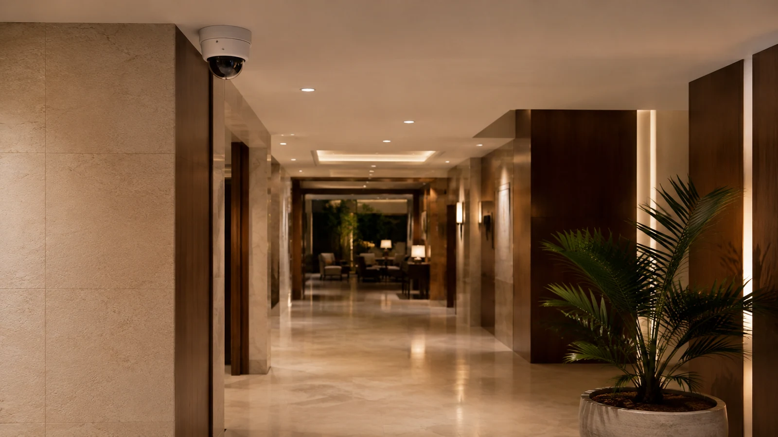 Contemporary hospitality property entrance with discreet security coverage