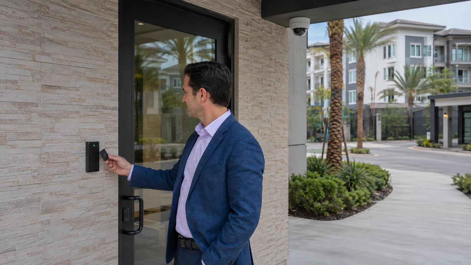 Person presenting an access credential to a wall-mounted reader beside a glass entrance door.