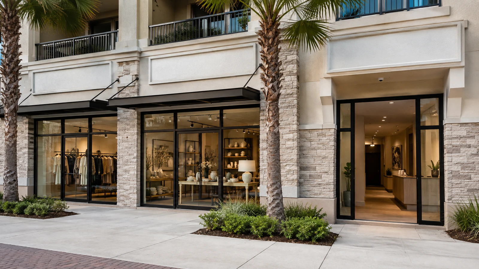 Retail shopfronts and a separate office entrance along a palm-lined commercial sidewalk.