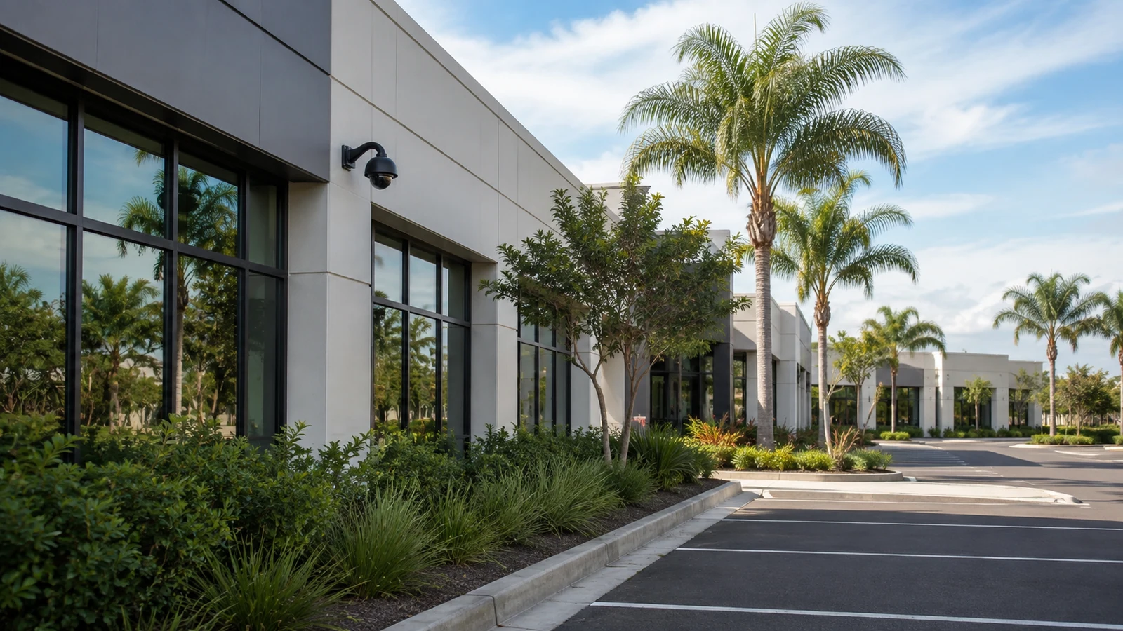 Modern Orlando-area commercial property with palms and organized vehicle access