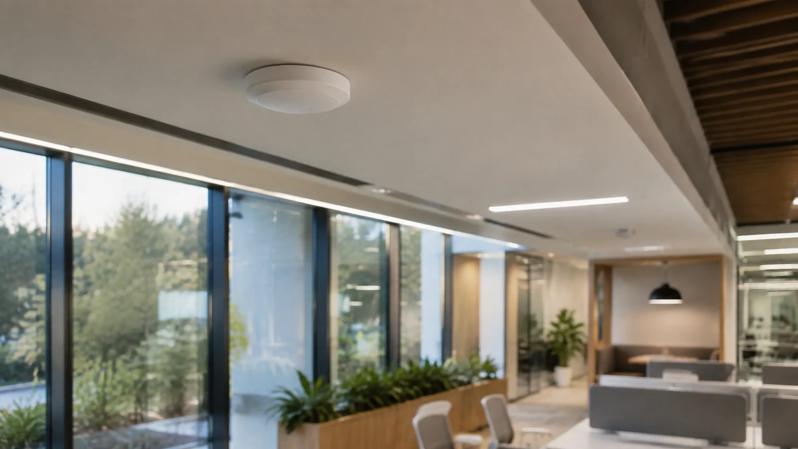 Commercial wireless access point installed on a finished office ceiling