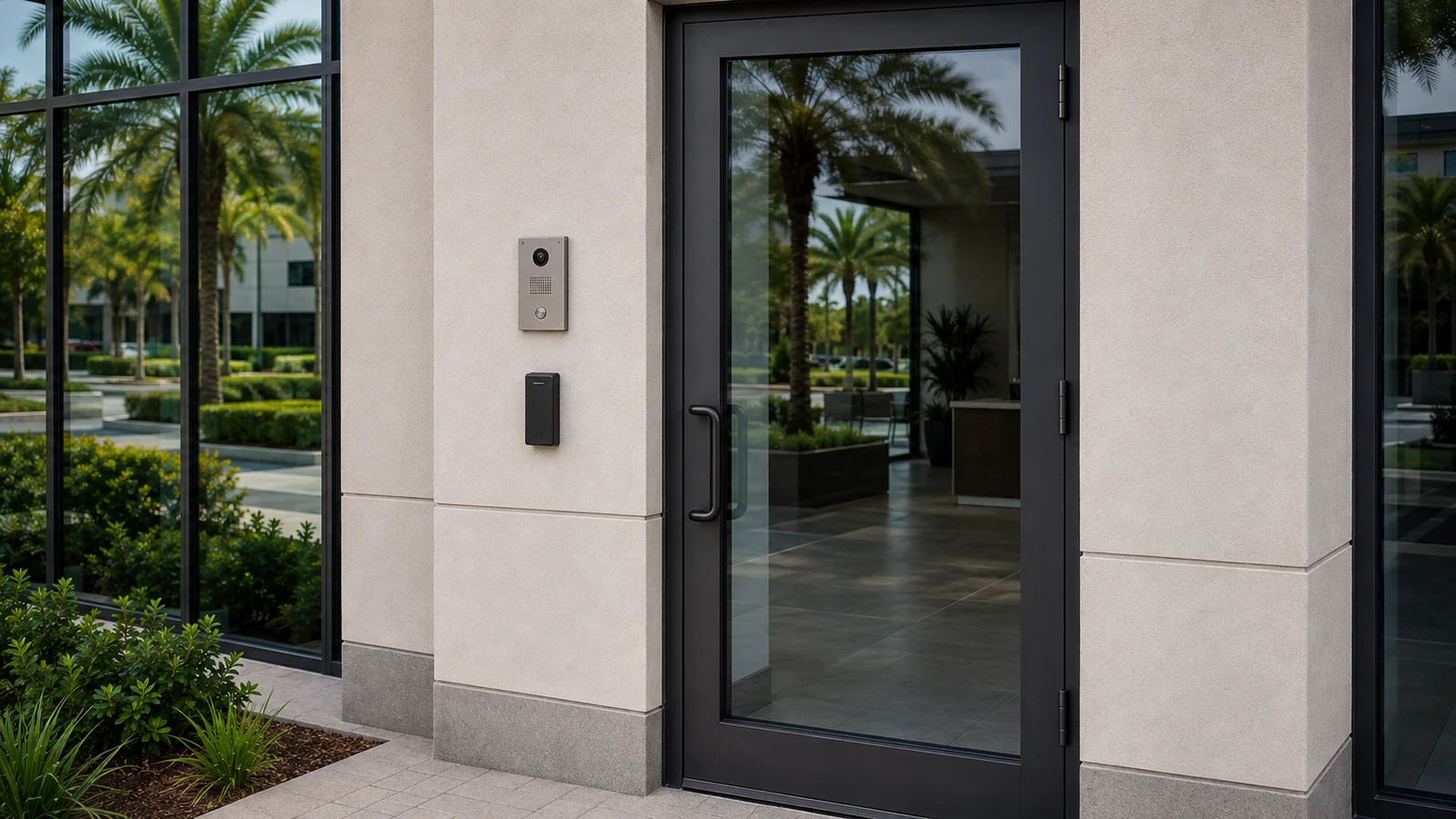 Credential reader and video intercom fixed to the wall beside a commercial glass entrance door.