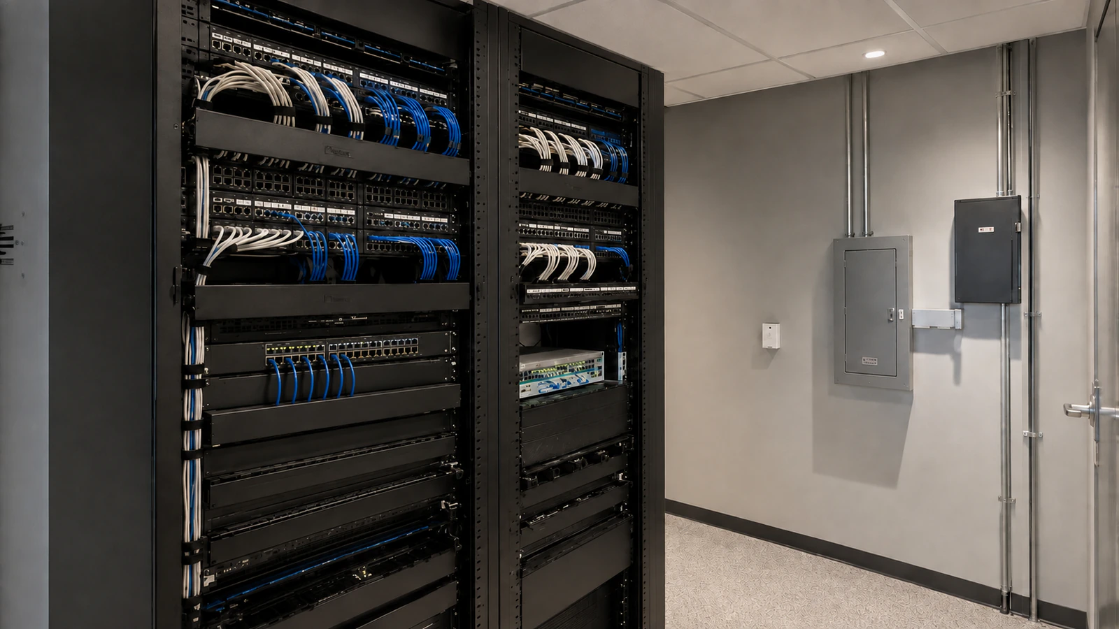 Commercial network racks with organized patching and a clearly mounted Ethernet switch in a finished equipment room.
