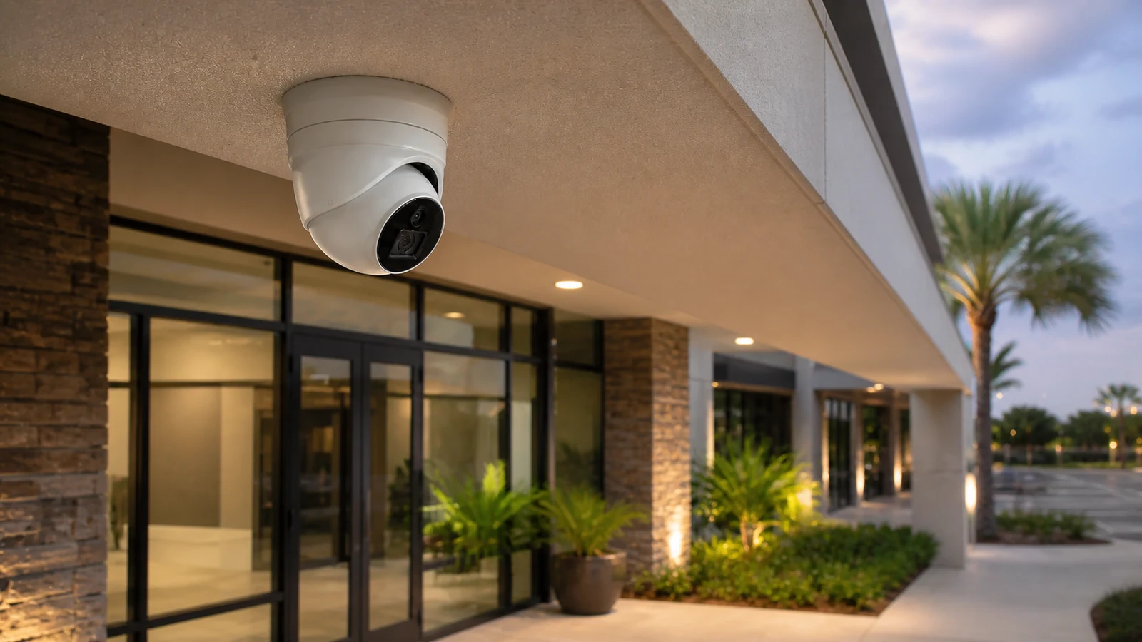Commercial security camera installed beneath a finished exterior soffit