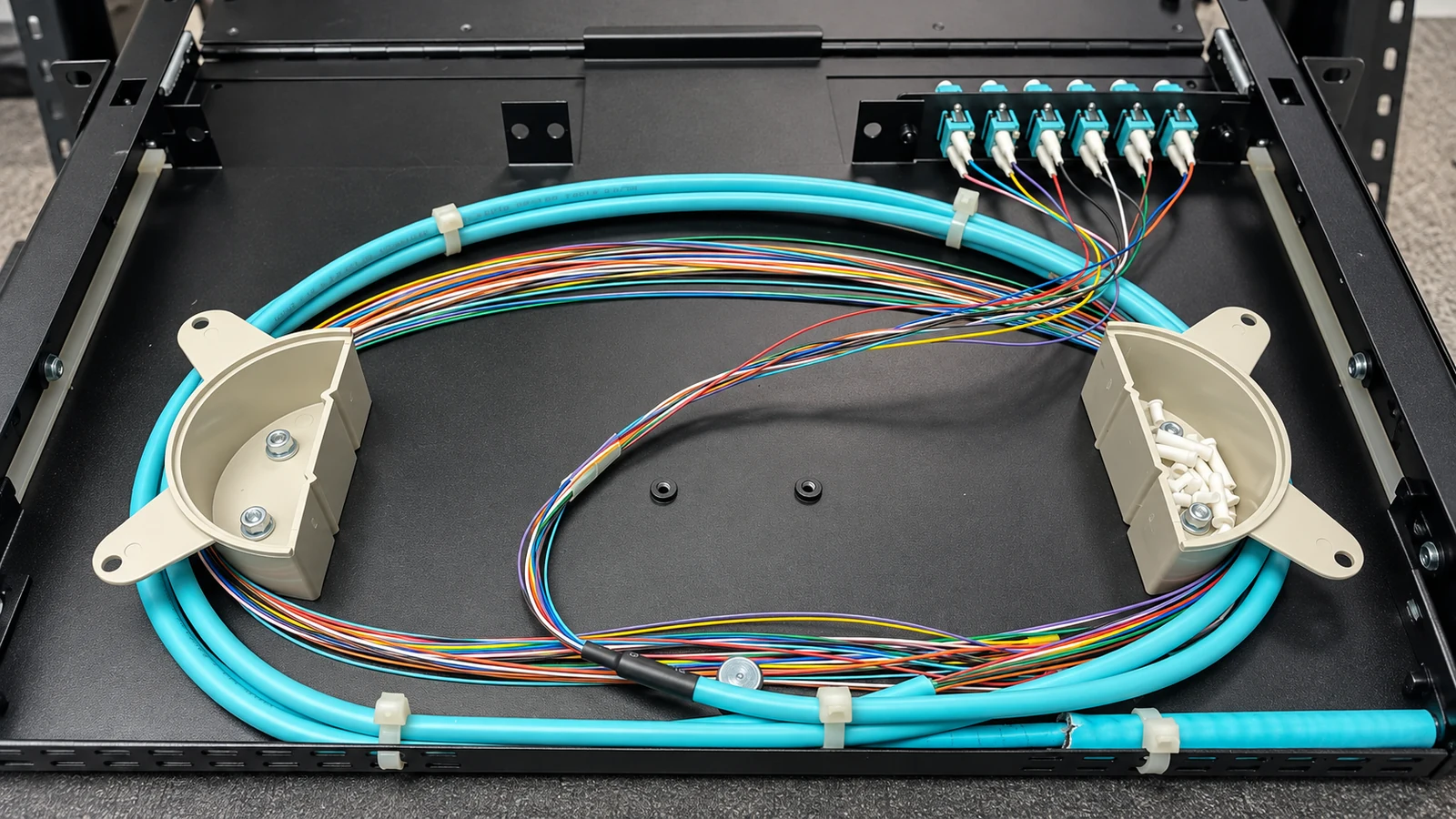 Open rack-mounted fiber drawer with aqua cable, radius guides and individual optical pigtails.