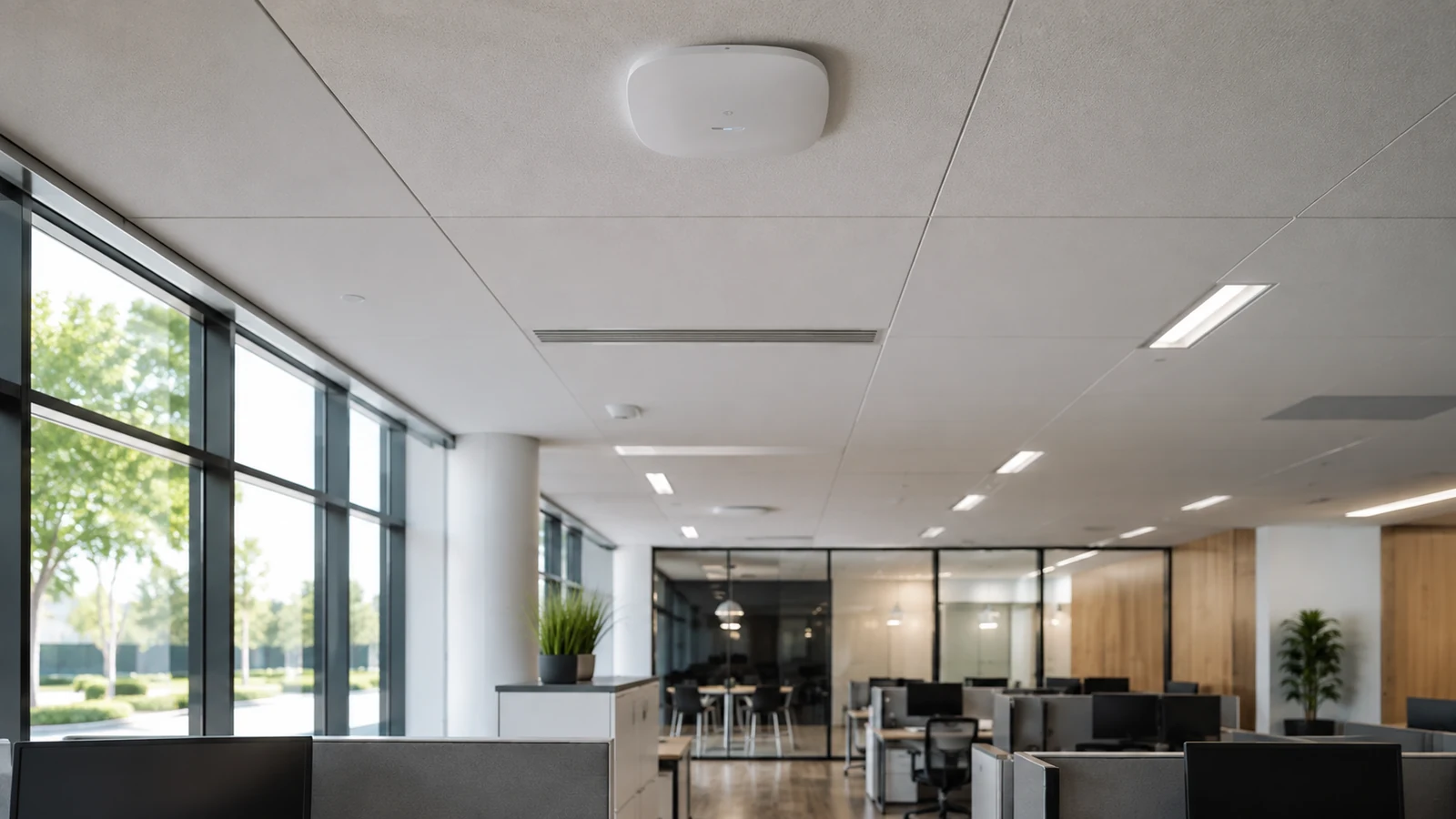 Finished commercial office with a ceiling-mounted wireless access point