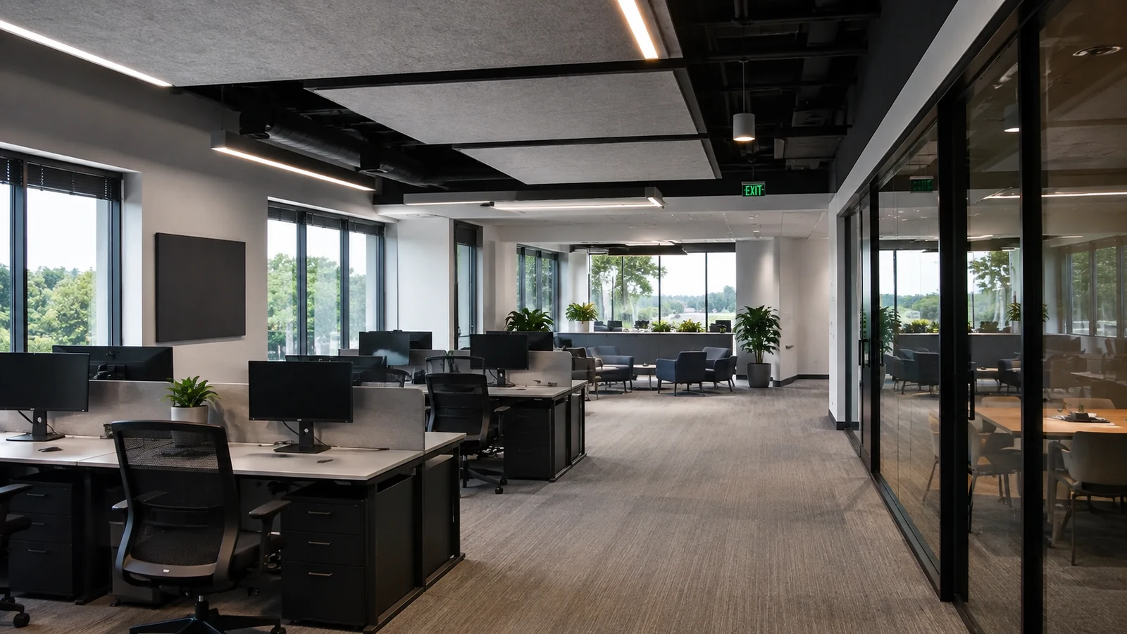 Finished open-plan commercial office with desks, monitors, chairs, acoustic panels and ceiling lights