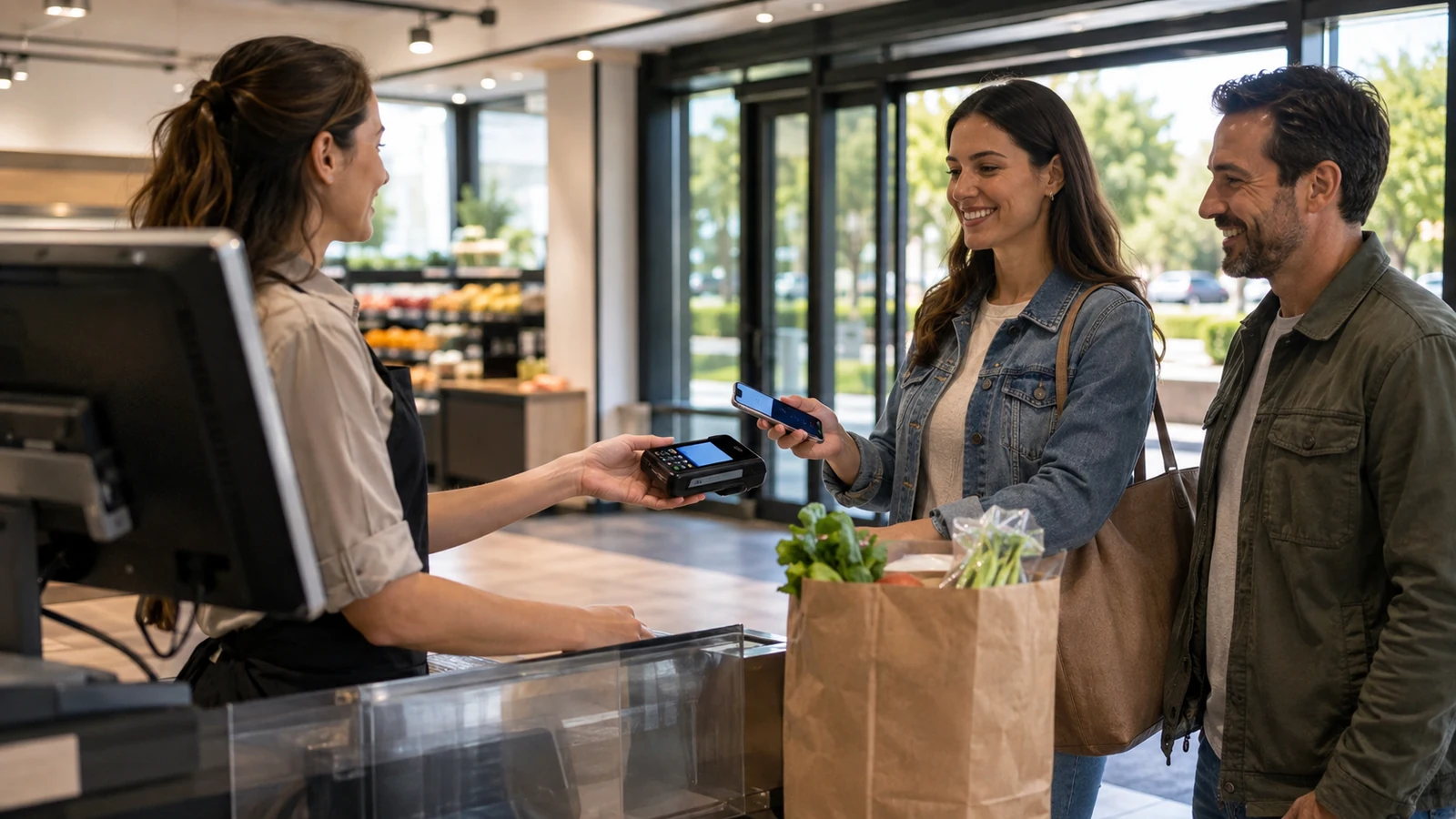 Cashier and two customers at a retail checkout while a customer presents a smartphone to the payment terminal