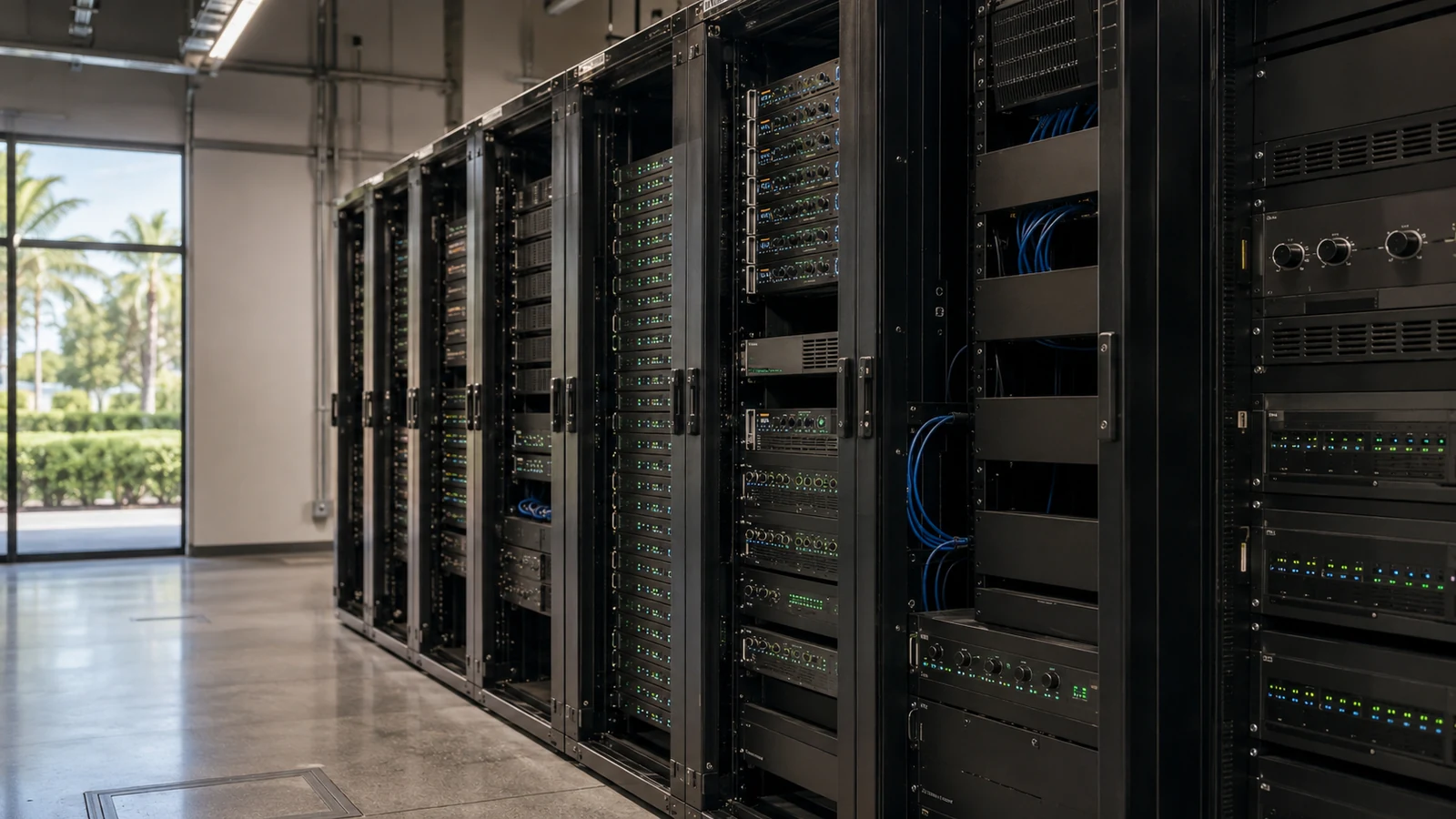 Rows of black equipment racks holding audio routers and amplifiers prepared for a major international airport