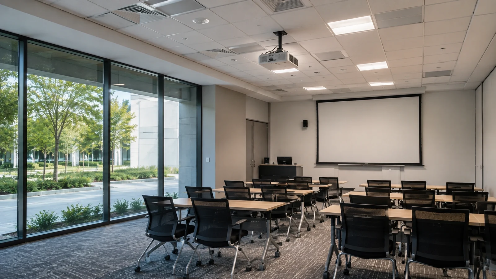 Training room with rows of chairs facing a ceiling-mounted projector and projection screen