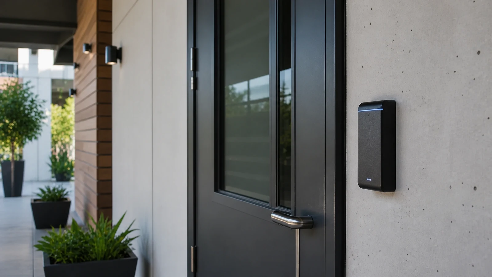 Black credential reader mounted on a concrete wall beside a secured interior door