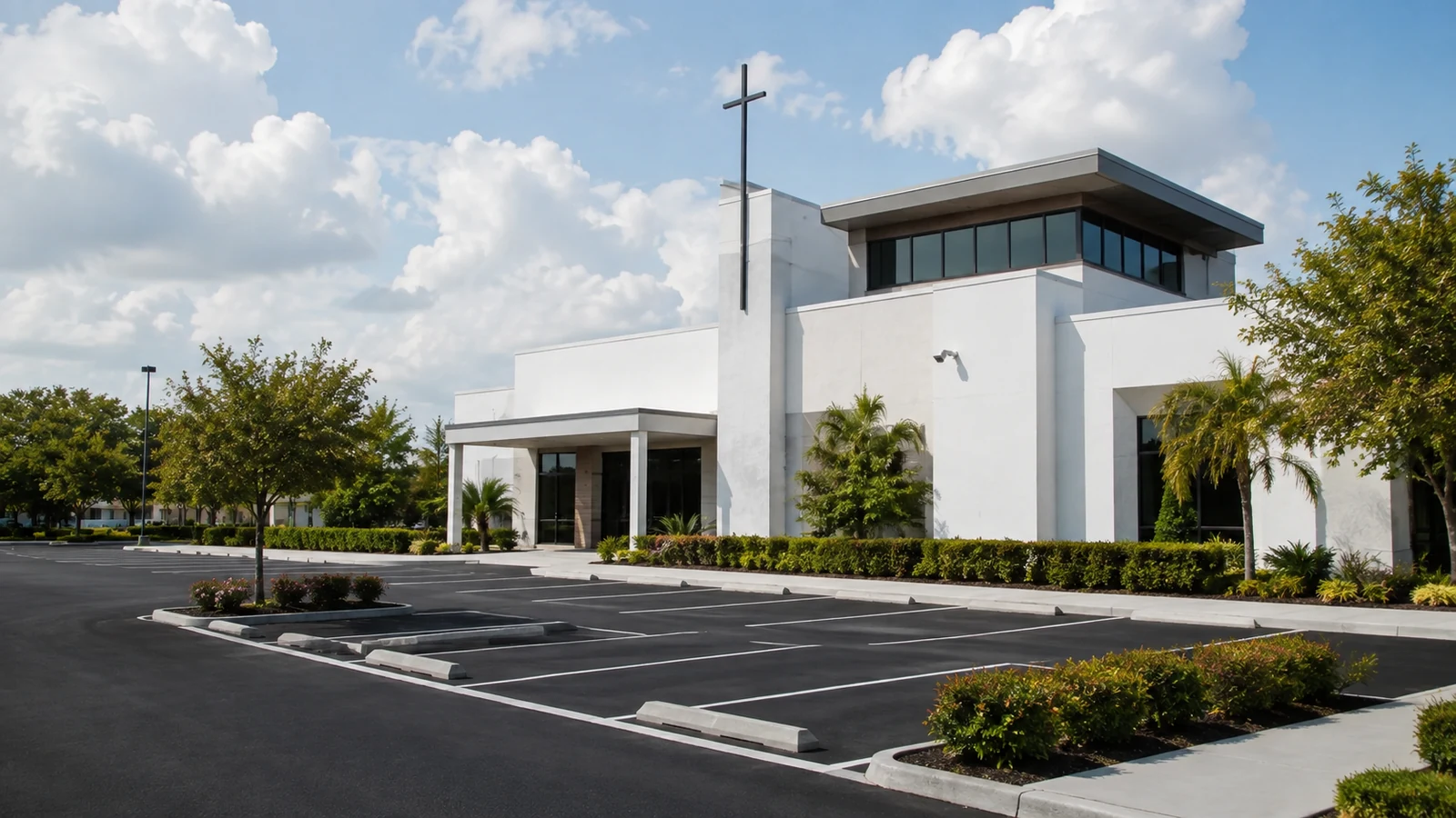 White church beside a clearly marked parking lot