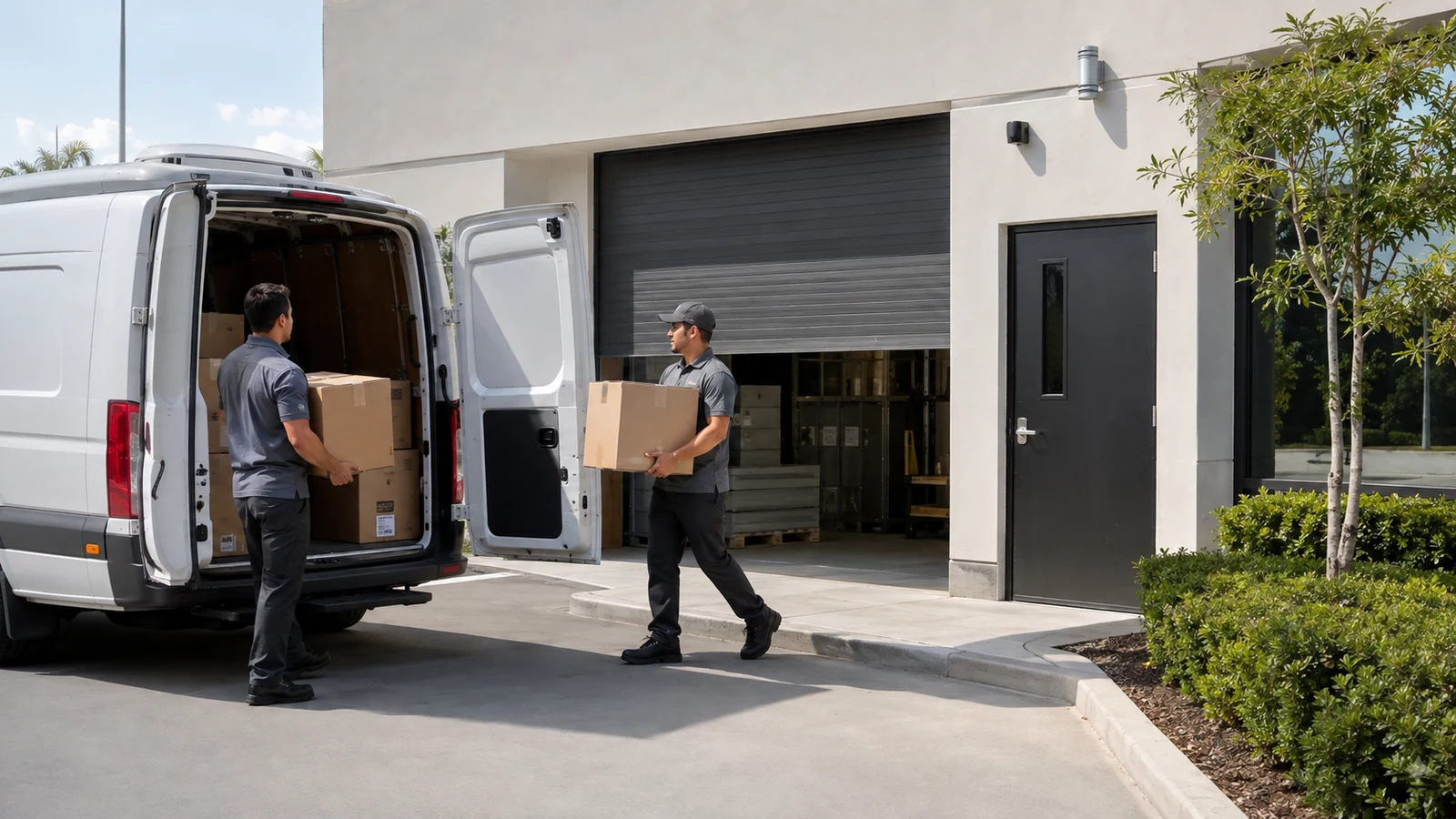 Two delivery workers handling cardboard boxes at an unbranded cargo van beside a commercial loading door.
