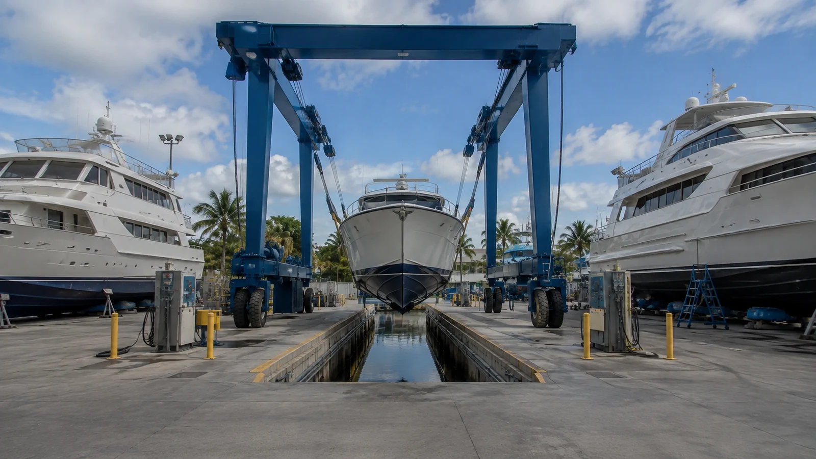 Large blue boat lift over a service berth with boats on both sides