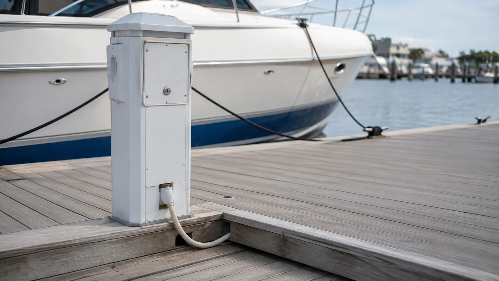 Shore-power enclosure and connected electrical cables beside boats on a marina dock