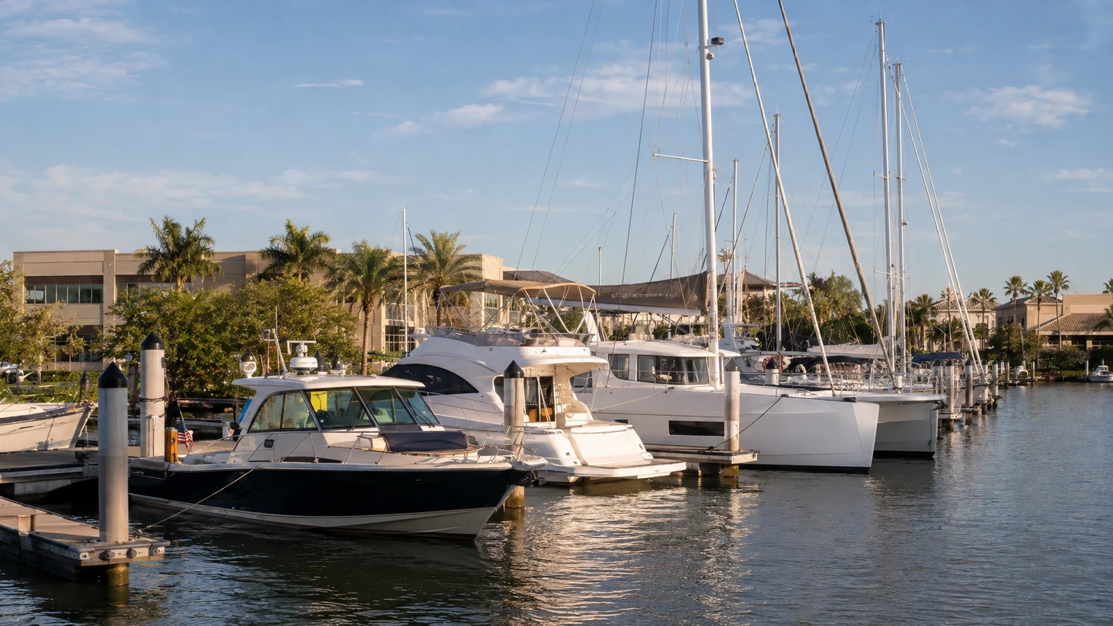 Sailboats and motorboats moored in a marina