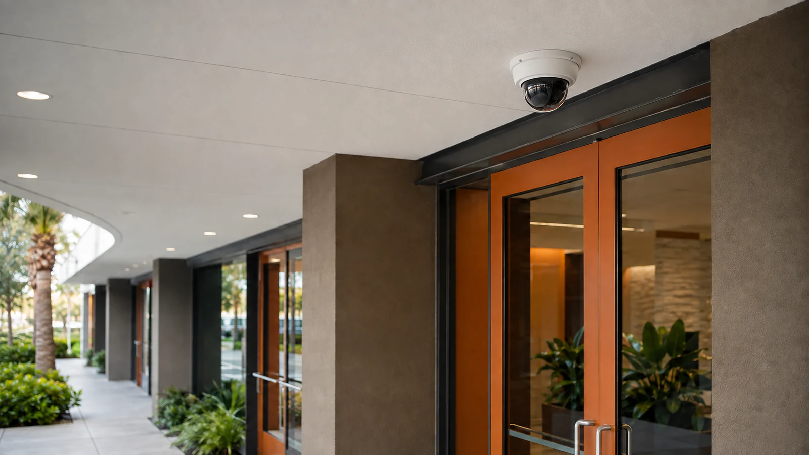 Single dome security camera mounted flush to the soffit above orange-framed commercial glass doors.