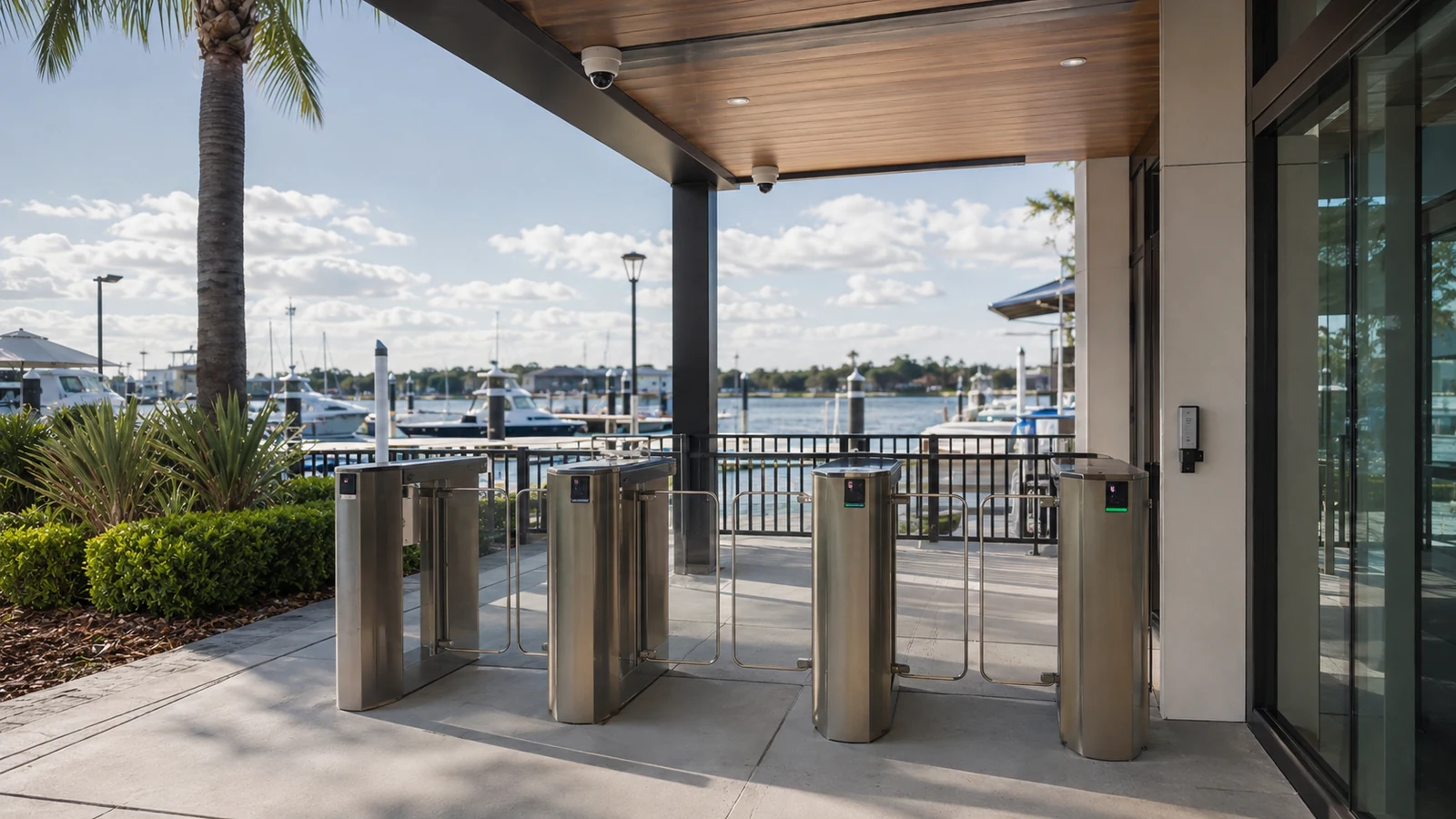 Pedestrian turnstile gates controlling access at a waterfront terminal