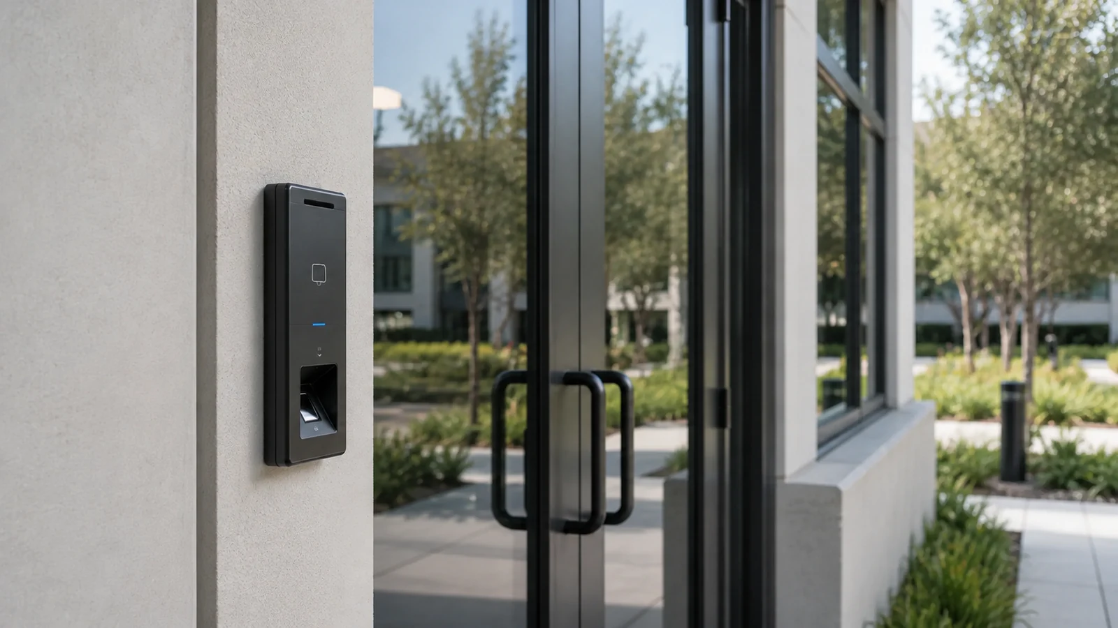 Access-control terminal mounted beside a finished glass entry door